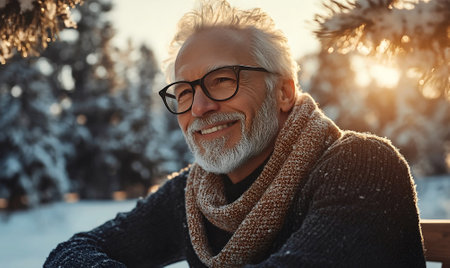 A cheerful senior man with glasses and a cozy scarf, sitting outdoors in a snowy park during a sunny winter day, radiating warmth and positivity.の素材