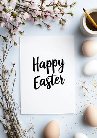 A luxury minimalist Easter greeting card featuring elegant black calligraphy with a soft floral arrangement and neutral-toned eggs. A sophisticated and modern design for festive Easter greetings.の素材