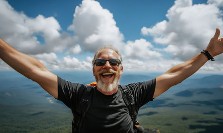 Wide-angle shot of a cheerful man in his 50s with arms outstretched, celebrating on a mountain peak. The stunning panoramic view and vibrant blue sky emphasize the sense of freedom and adventure.の素材