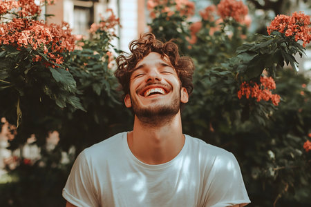 A joyful young man sitting in a lush garden, surrounded by blooming flowers, laughing freely under soft sunlight.の素材