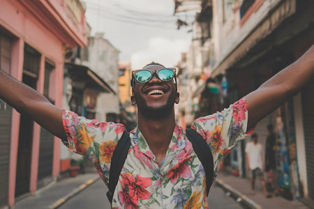 A cheerful young man wearing sunglasses and a floral shirt standing in a colorful urban street, exuding happiness and energy.の素材