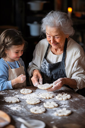 An elderly grandmother and her young granddaughter happily baking homemade cookies together in a warm, rustic kitchen. A heartwarming moment of family connection and tradition.の素材