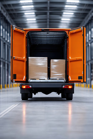 An orange commercial delivery van parked in a warehouse with its rear doors open, exposing packed cardboard boxes inside, ready for distribution and transport.の素材