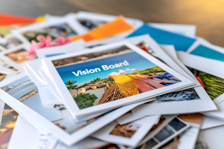 A high-resolution macro image showing a vibrant vision board with dream travel destinations, goal reminders, and inspirational words, helping with future aspirations and success.の素材