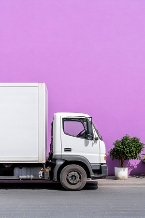 A white cargo truck is parked against a vibrant purple wall, highlighting contrast and minimalist transportation design.の素材