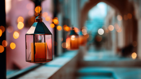 Single lantern holding a lit candle suspended in a corridor, surrounded by ambient bokeh lights, evoking a peaceful and festive atmosphere often seen during Ramadan evenings.の素材
