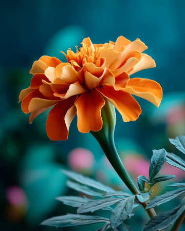 Macro image of an orange marigold flower with soft, curled petals and teal green leaves, highlighting its full bloom and structure.の素材