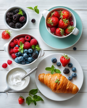 Beautiful flat lay of healthy breakfast featuring bowls of berries, yogurt, croissant, and mint leaves placed neatly on a bright white wooden tabletop.の素材