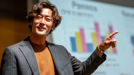 Young man in blazer presenting statistics and gesturing toward screen with bar graphs, addressing audience in business setting.の素材
