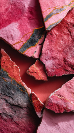 Vertical layout of Rosso Levanto sandstone fragments with deep red hues and dark mineral inclusions on a layered cracked surface.の素材