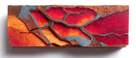 Flat lay image of a crimson stone slab featuring thin chocolate-brown veining patterns, captured from above with crisp detail under even light.の素材