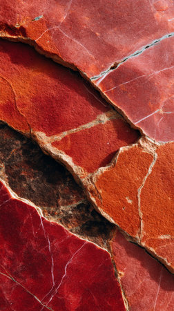 High-resolution close-up of Rosso Levanto marble with dominant red, orange, and brown colors, showing detailed veins and natural textures suitable for design and construction purposes.の素材