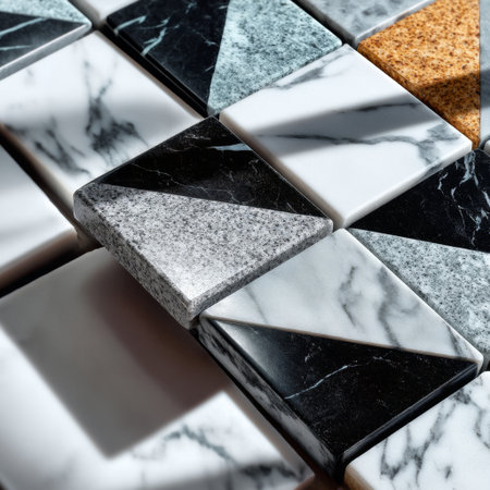 Close-up of triangular mosaic tiles made of Calacatta, Nero Marquina, and gold inserts arranged in checkerboard style. Elegant and modern decorative tile layout.の素材