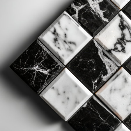Arrangement of Calacatta and Nero Marquina marble tiles in a geometric checkerboard layout. Elevated structure adds dimensional contrast to the black-and-white palette.の素材