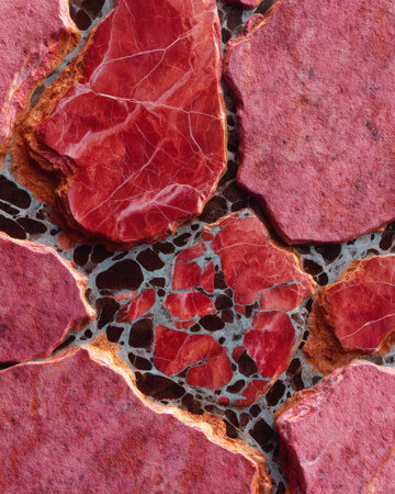 Cracked red stone resembling coral, with natural filler material visible between irregular fragments. Artistic and earthy surface suitable for gemstone-inspired design.の素材
