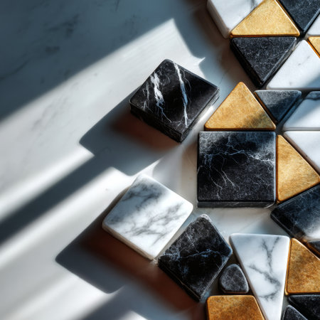 Modern mosaic featuring Calacatta and Nero Marquina marble tiles with gold highlights, using squares and triangles in bold decorative layout.の素材