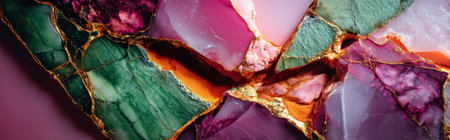 A vivid semiprecious marble surface pink, green, and orange details with cracked and fractured veins. This macro view captures its natural mineral complexity.の素材