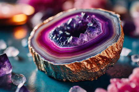 Cross-section of a polished amethyst geode featuring sharp crystal core and colorful concentric layers. Ideal for decorative, geological, and background use.の素材