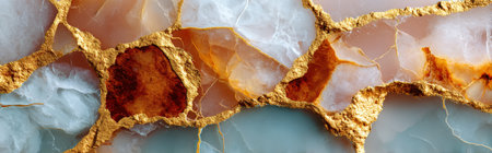 Top view of semiprecious translucent stone with visible crystal structure and golden mineral veins, creating an abstract and elegant design pattern.の素材