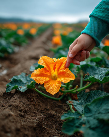 Image features a small child's finger reaching towards a bright orange pumpkin blossom surrounded by green leaves. The scene captures a tender moment in an agricultural setting.の素材