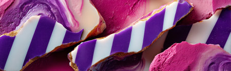 Macro view of an onyx slab with colorful sharp stripes in purple and white over pink base, highlighting the polished texture and bold visual style of mineral stone.の素材
