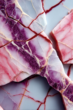 Top-down view of a fractured Calacatta marble featuring dynamic multicolored veins in red and pink tones, giving it artistic character.の素材