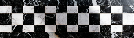 Seamless black and white marble checkerboard with geometric tile mosaic. The closeup shows a decorative luxury stone surface, perfect for creative interiors and modern design projects.の素材