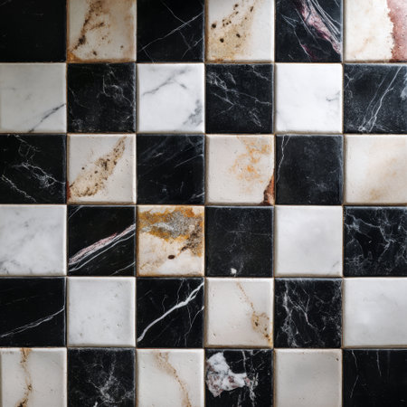 Marble checkerboard with alternating black and white squares, seamless mosaic surface. The geometric tile pattern is ideal for stylish interiors and premium background decoration.の素材