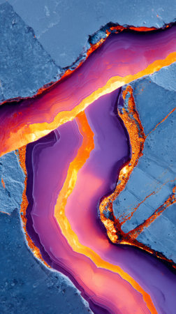 Abstract macro of amethyst agate stone featuring vivid purple hues and prominent golden vein edges. The vibrant gemstone texture is ideal for jewelry design, wall art, and premium decorative applications.の素材