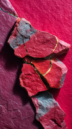 Fragmented Rosso Levanto marble with dominant red tones and exposed cracks lying on a red surface. A high-detail decorative texture ideal for design backgrounds.の素材
