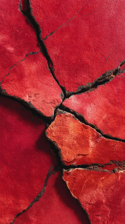 Top-down macro image of Rosso Levanto marble showing intense red fractured surface, ideal for stone texture references and visual design elements.の素材