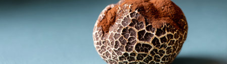 Detailed macro shot of a black truffle showing its complex surface structure with deep cracks and contrasting light lines typical of truffle skins.の素材