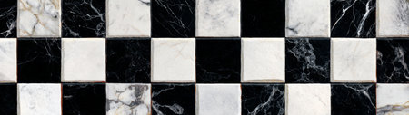 Black and white marble checkerboard mosaic in seamless pattern. Elegant geometric arrangement, ideal for luxury interiors, creative backgrounds, and artistic surface decoration.の素材