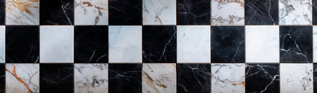 Seamless black and white marble grid with strong mineral contrast, featuring visible natural veins and glossy polished texture. Ideal for use as flooring, wall cladding, or decorative interior backgrounds.の素材