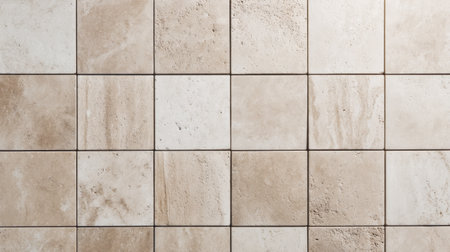 Top-down view of a seamless tile surface made of beige travertine stone, showing a natural porous texture and neutral tones ideal for flooring or wall backgrounds.の素材