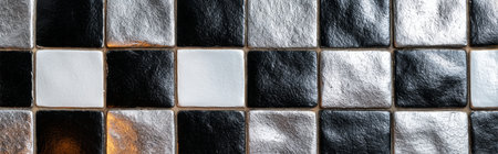 Checkerboard pattern of glossy ceramic tiles in black, white and silver tones, forming a clean and stylish surface. Captured from above for use in interior decoration and background designs.の素材