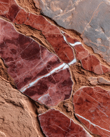 Close-up view of Rosso Levanto marble surface featuring vibrant mineral veins and detailed stone texture. Ideal for backgrounds, interior design, and material reference.の素材