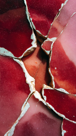 Detailed close-up of Rosso Levanto marble showing rich red color with natural fractures and veins, ideal for backgrounds, textures, and design inspiration.の素材