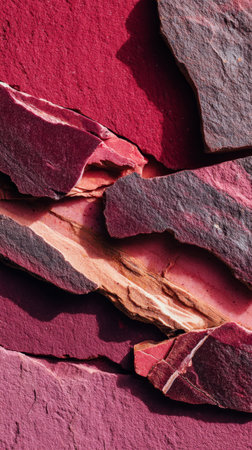 Macro texture of Rosso Levanto with bold dark red stone cuts and weathered rough edges. Natural surface with expressive structure ideal for design use.の素材