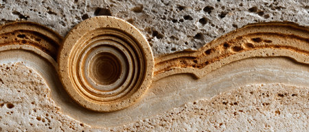 Macro image of travertine with detailed circular bands and natural holes, highlighting unique structure in beige tones for use in organic design concepts.の素材