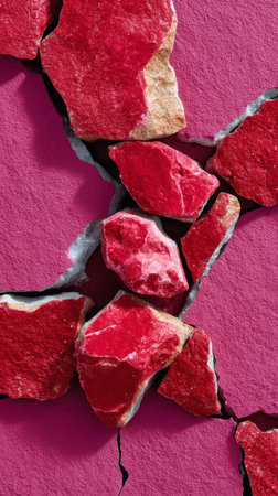 Fragmented Rosso Levanto marble with intense pink-red tones and cracked surface pattern, photographed from top down for texture application.の素材