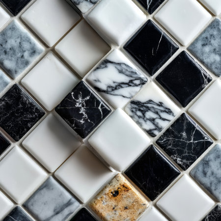 Mixed mosaic tile set using Calacatta, Nero Marquina, and granite in geometric arrangement with squares and triangles. High contrast black-and-white design with metallic highlights.の素材