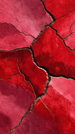 Macro of red-toned sandstone with crack lines forming network patterns over a deep saturated stone background.の素材