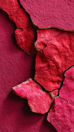 Close-up of Rosso Levanto stone fragments spread on a rich crimson surface. The rugged edges and deep red tones enhance the natural elegance of the scene.の素材