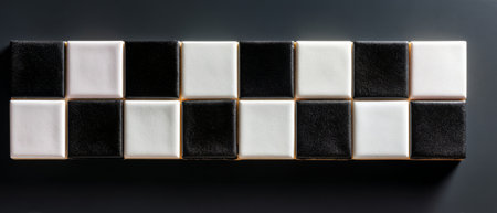 Macro top view of uniform grid of square black and white marble tiles with clean surfaces, creating contrast in light and material, perfect for architecture, flooring, and modern design.の素材