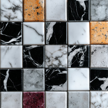 Detailed macro of a checkerboard mosaic with black, white, yellow, and red marble tiles in a unique decorative arrangement. Great for creative tiling, wall art, or modern interior features.の素材