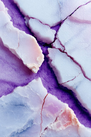 High-resolution top view of soft white marble featuring subtle purple crystalline textures and organic fracturing, perfect for elegant interiors and backgrounds.の素材