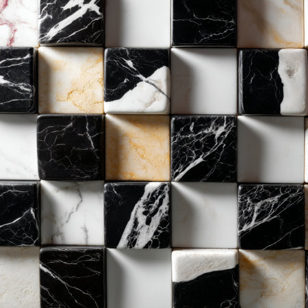 Geometric arrangement of Nero Marquina, Calacatta, and Travertine marble tiles in a checkerboard pattern. The closeup image showcases rich textures, luxurious materials, and sophisticated stone for stylish backgrounds.の素材