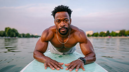 A fit Black man in his early 30s lies prone on a paddle board on calm water. Trees and urban skyline are visible in the background, illustrating a mix of nature and city life.の素材