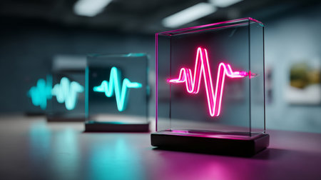 Abstract composition of multiple transparent cubes containing vibrant neon waveform visuals in pink and blue tones, resting on a soft-lit surface in a tech-styled environment.の素材